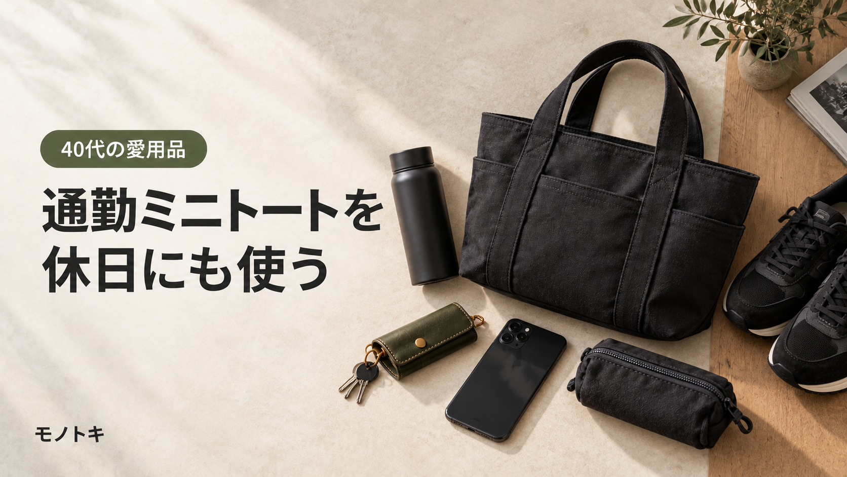 黒いミニトートとスニーカー、通勤小物を並べた40代男性の休日兼用バッグ