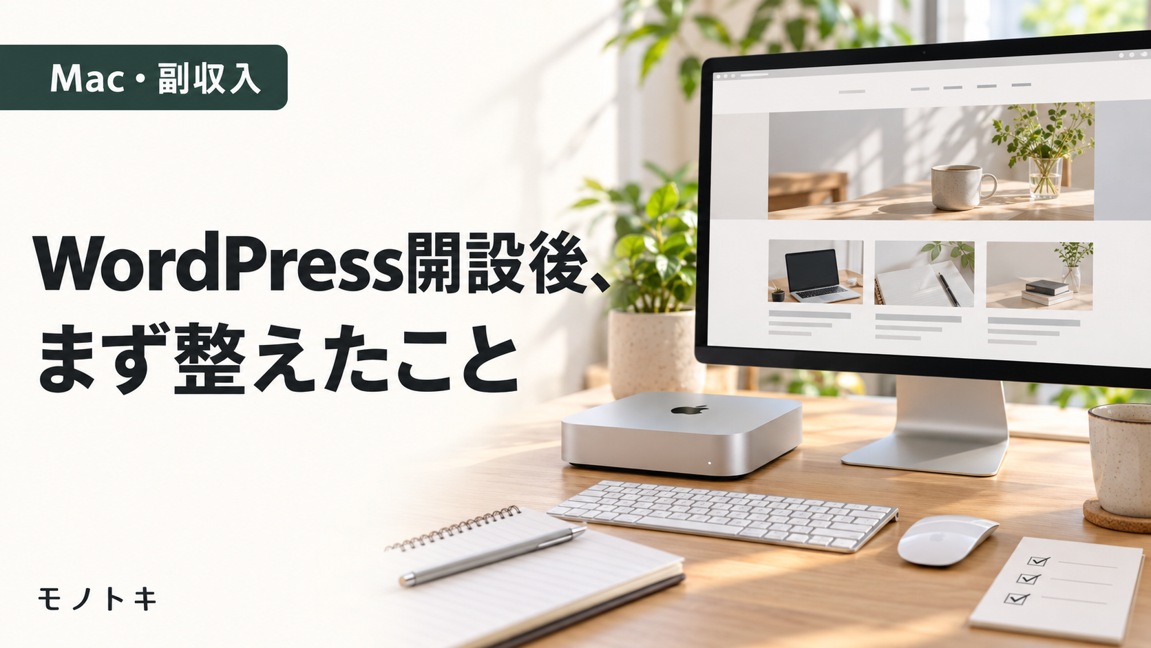 スマートフォンのチャット画面とMac mini、記事の下書き画面を並べた生成イメージ。「スマホで相談、Macで下書き。」の文字入り