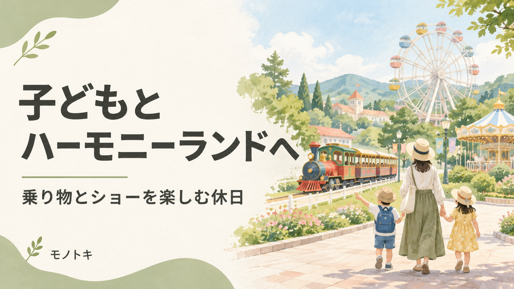 生成りの背景に「子どもと ハーモニーランドへ」「乗り物とショーを楽しむ休日」の文字と、列車や観覧車、親子を描いたイメージイラスト。実際の園内風景ではありません。