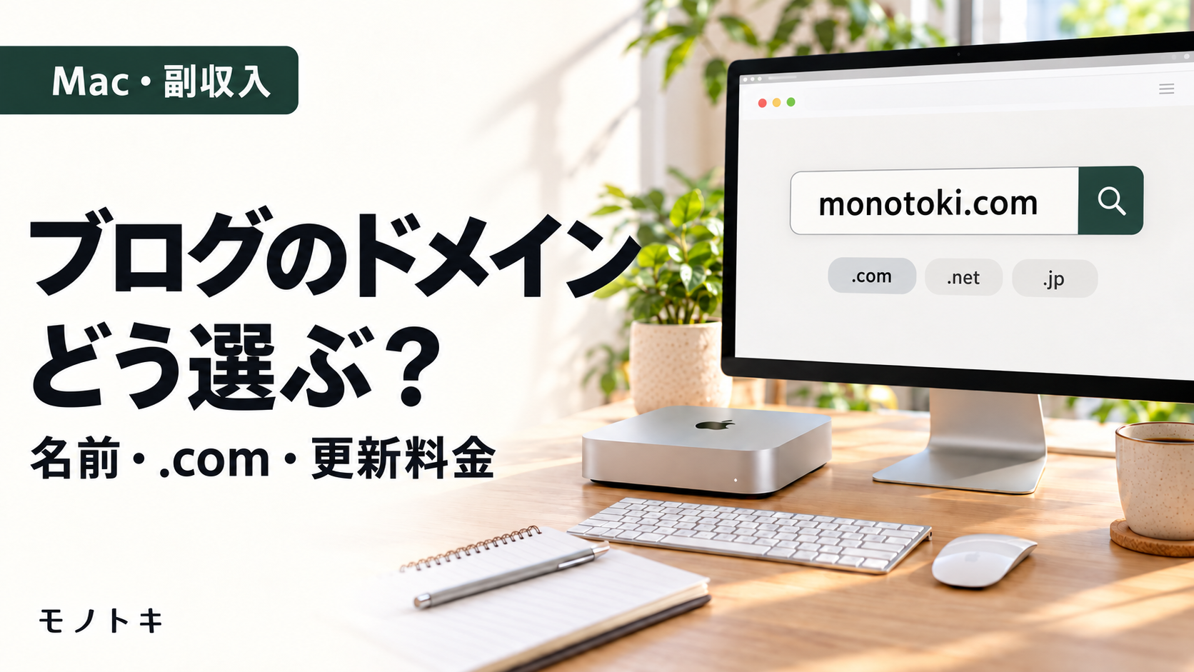 monotoki.comと.com・.net・.jpを表示したモニターとMac miniのある机。「ブログのドメイン どう選ぶ？ 名前・.com・更新料金」と書かれたアイキャッチ画像