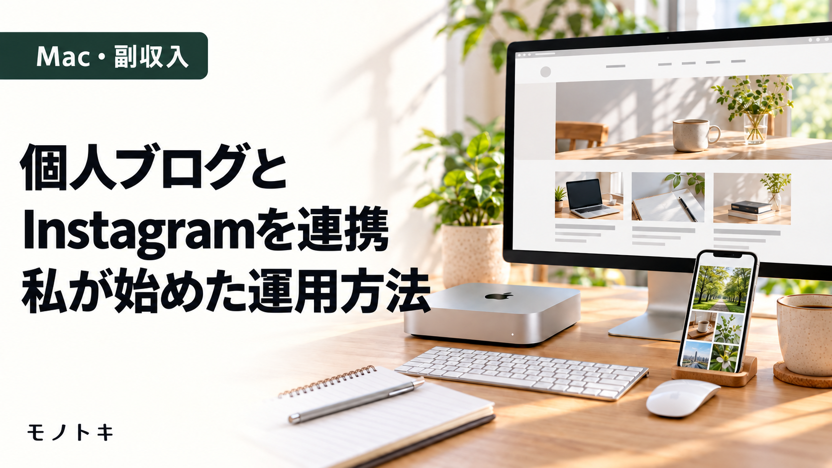 ブログ画面のモニターと写真を表示したスマートフォン、Mac miniを置いた明るい机。「個人ブログと Instagramを連携 私が始めた運用方法」と書かれたアイキャッチ画像