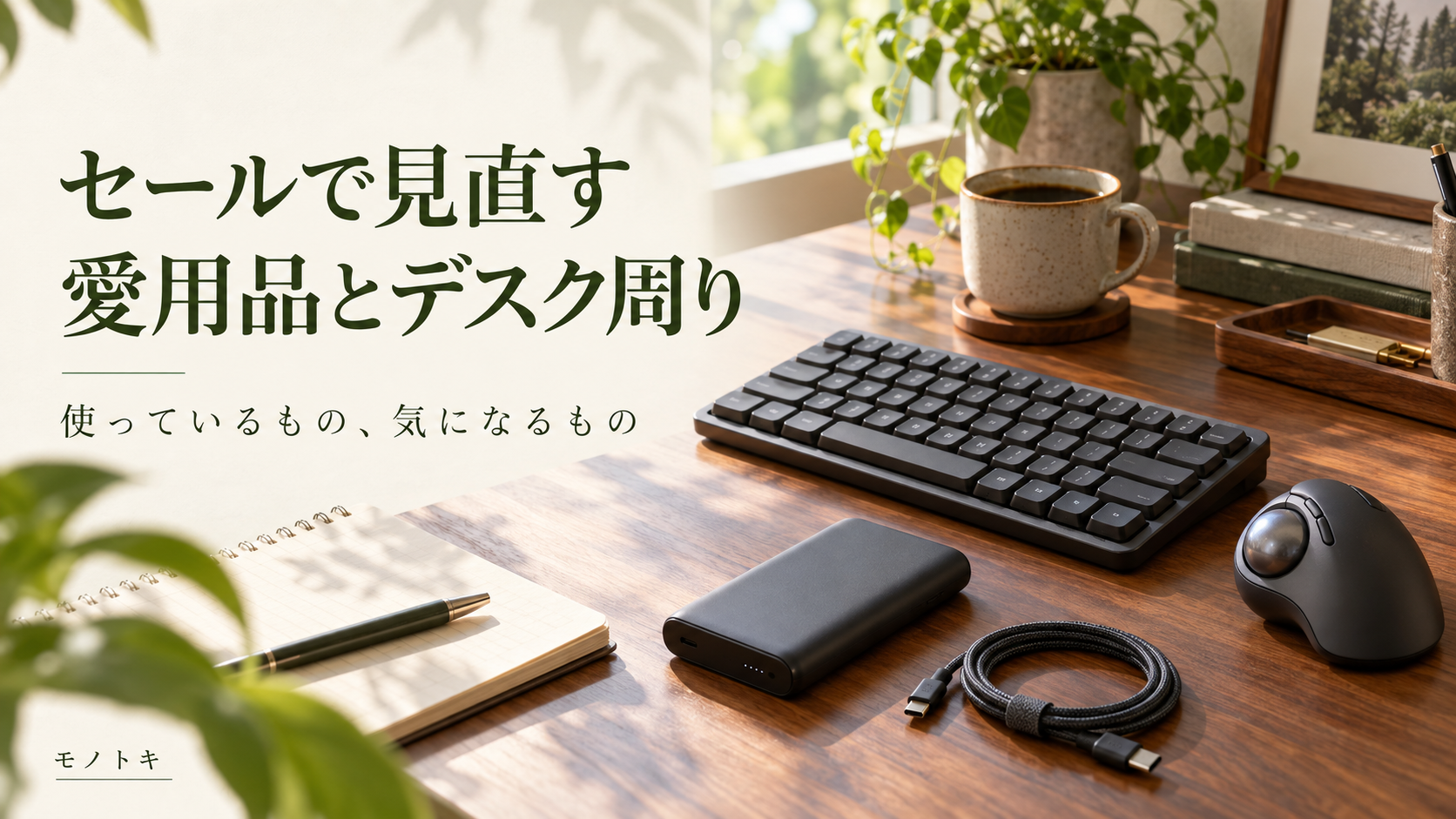 木の机にキーボード、トラックボール、薄型モバイルバッテリーとケーブルを置いたイメージ。「セールで見直す 愛用品とデスク周り 使っているもの、気になるもの」と書かれたアイキャッチ画像