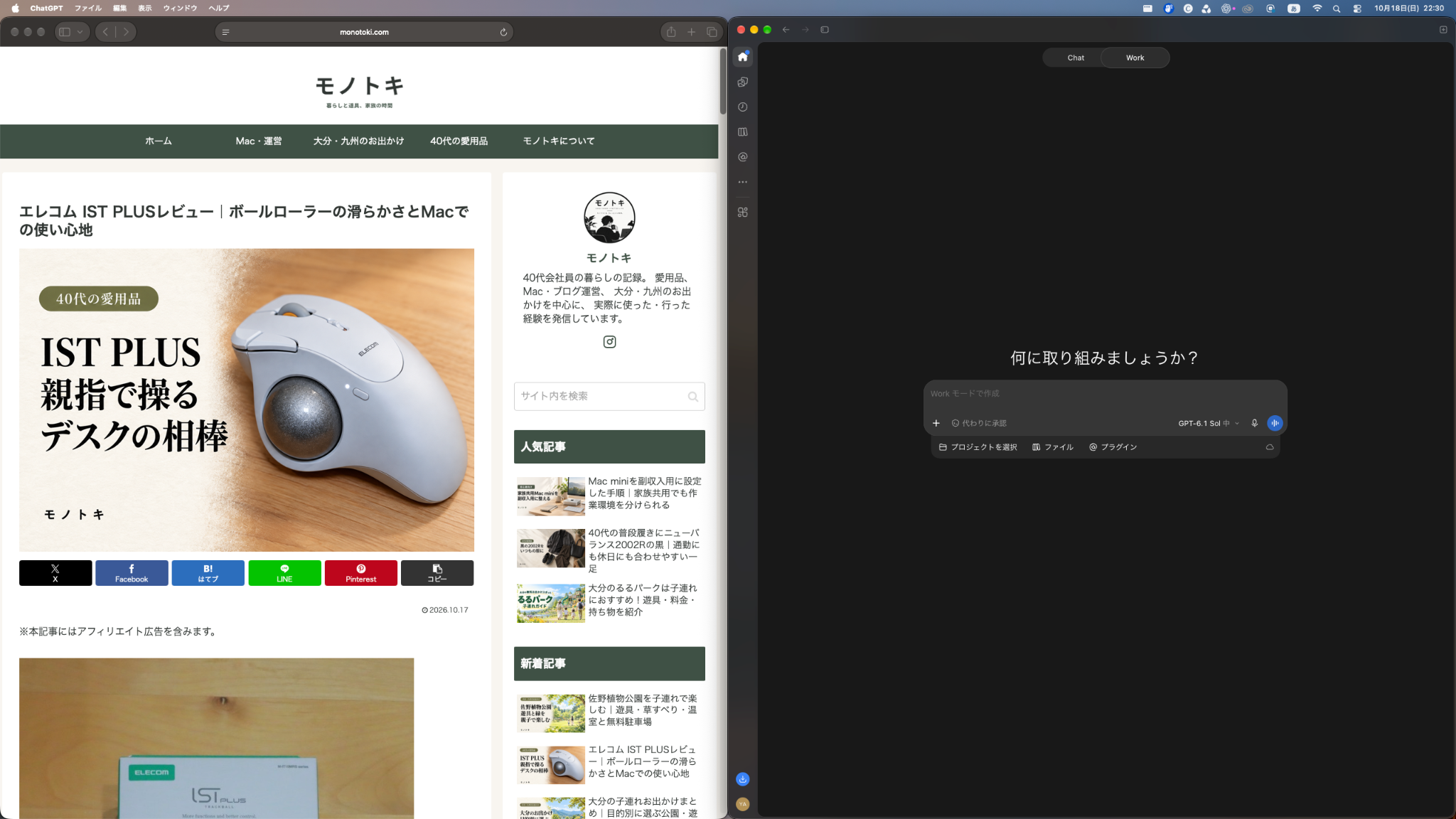Macの画面左半分にモノトキの記事をSafariで表示し、右半分にChatGPTを配置した実際の画面。
