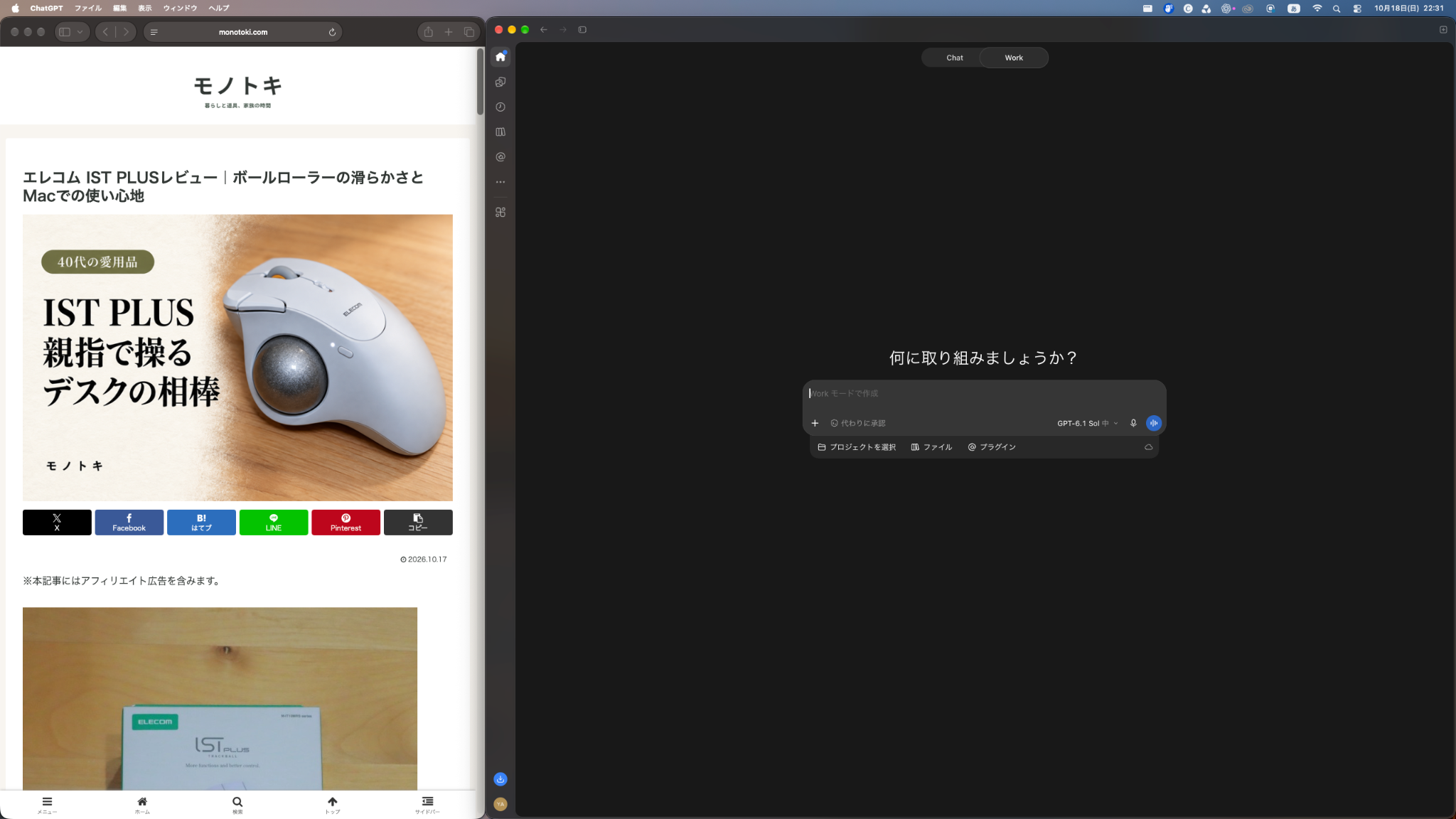 左1/3に狭めたSafariでモノトキの記事を表示し、右2/3にChatGPTを配置した画面。記事のサイドバーが消え、下部メニューと横1列の共有ボタンが表示されている。