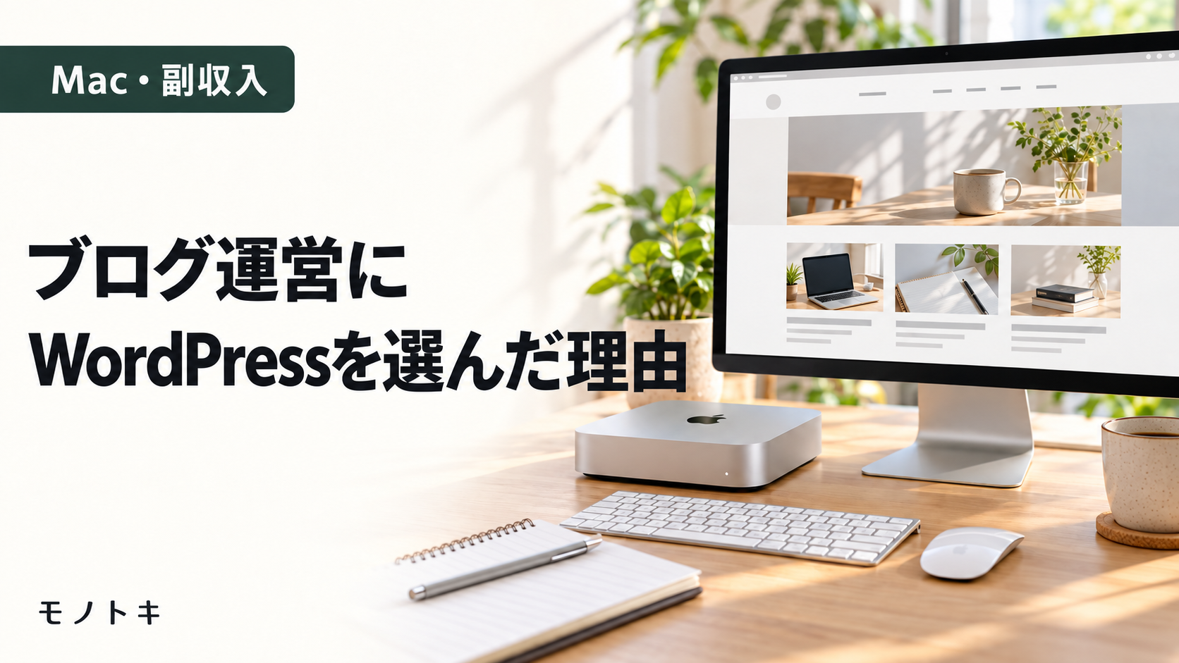 Mac miniとブログ画面、ノートとコーヒーを置いた明るい机。「ブログ運営に WordPressを選んだ理由」と書かれた記事のアイキャッチ画像
